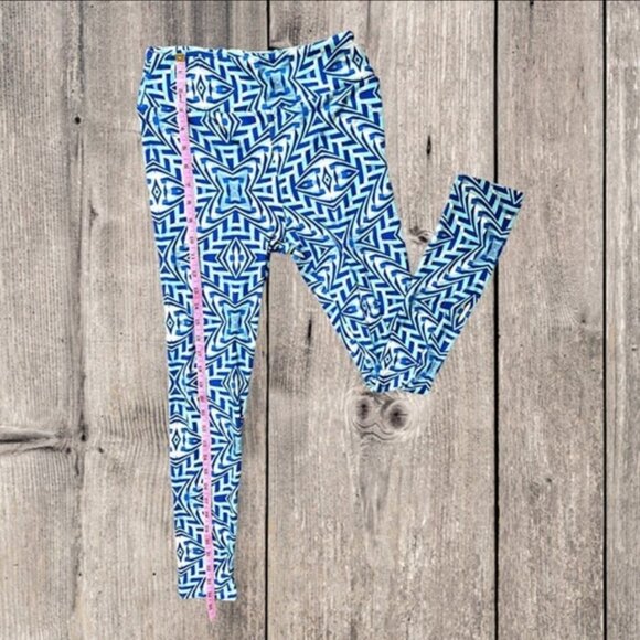 LuLaRoe Blue Geometric with Yellow Accent Lightweight Leggings Pants Women's OS - Picture 6 of 9